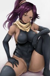 Rule 34 | 1girl, arm rest, black gloves, black leotard, black thighhighs, bleach, breasts, commentary request, covered navel, dark-skinned female, dark skin, elbow gloves, gloves, gluteal fold, grey background, hand on own thigh, highres, knee up, large breasts, leotard, long hair, looking at viewer, parted bangs, parted lips, partially visible vulva, ponytail, purple hair, r-binon, scarf, shihouin yoruichi, sitting, smile, solo, thighhighs, thighs, yellow eyes, yellow scarf