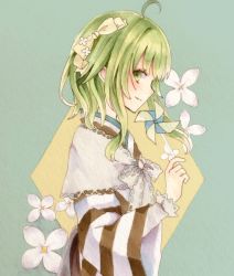 Rule 34 | 1girl, ahoge, bow, capelet, commentary request, flower, from side, green eyes, green hair, gumi, hair bow, hair flower, hair ornament, highres, holding, japanese clothes, kimono, lace trim, long hair, long sleeves, looking at viewer, looking to the side, marker (medium), paruno, pinwheel, profile, shirt, smile, solo, striped clothes, striped kimono, traditional media, undershirt, upper body, vocaloid, white shirt, wide sleeves