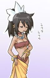 Rule 34 | 1girl, atlus, bandeau, black hair, breasts, brown eyes, cleavage, dark-skinned female, dark skin, dressing, etrian odyssey, highres, jewelry, large breasts, legs, necklace, open mouth, ponytail, sarong, sega, shilleka, solo, tattoo, thighs, tribal, tribal tattoo, underboob, waking up