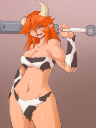 Rule 34 | 1girl, animal print, breasts, broken horn, camel (dansen), cleavage, club (weapon), cow print, female focus, horns, muscular, navel, oni, open mouth, orange hair, original, pointy ears, smile, solo, ushi-oni (camel), weapon