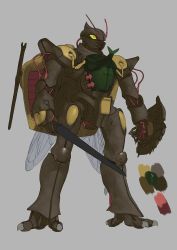 Rule 34 | antennae, color guide, grey background, holding, holding sword, holding weapon, insect wings, mecha, nakakita kouji, no humans, original, robot, seisenshi dunbine, shield, solo, standing, sword, weapon, wings