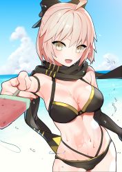 Rule 34 | 1girl, absurdres, ahoge, bare shoulders, bikini, black bikini, black bow, black scarf, blue sky, bow, breasts, cleavage, cloud, collarbone, commentary request, cowboy shot, day, fate/grand order, fate (series), food, hair bow, highres, holding, holding food, incoming food, looking at viewer, medium breasts, navel, ocean, okita j. souji (fate), okita j. souji (first ascension) (fate), okita souji (fate), okita souji (koha-ace), omucchan (omutyuan), outdoors, outstretched arm, pink hair, popsicle, pov, scarf, short hair, sky, solo, stomach, sweat, swimsuit, watermelon bar, yellow eyes
