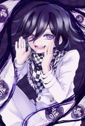 Rule 34 | 1boy, :d, absurdres, black hair, buttons, checkered clothes, checkered neckwear, checkered scarf, commentary request, danganronpa (series), danganronpa v3: killing harmony, del (themirky), double-breasted, fang, hair between eyes, hands up, highres, jacket, long sleeves, looking at viewer, male focus, medium hair, open mouth, oma kokichi, purple background, purple eyes, purple hair, scarf, smile, solo, straitjacket, translation request, white background, white jacket