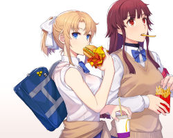 Rule 34 | 2girls, armband, bag, blonde girl (itou), blonde hair, blue bow, bow, burger, clothes around waist, commentary request, cup, drinking straw, eating, food, french fries, highres, itou (onsoku tassha), long hair, mcdonald&#039;s, multiple girls, original, radiation symbol, radioactive, red eyes, red hair, school bag, shirt, short ponytail, sidelocks, simple background, sweater, sweater around waist, sweater vest, white background, white shirt