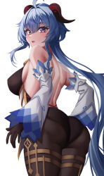 Rule 34 | 1girl, absurdres, ahoge, artist request, ass, bare shoulders, blue hair, blush, bodysuit, breasts, detached sleeves, from behind, ganyu (genshin impact), genshin impact, gloves, goat horns, highres, horns, huge ass, large breasts, leotard, long hair, looking at viewer, looking down, open mouth, pantyhose, purple eyes, sideboob, smile, solo, very long hair