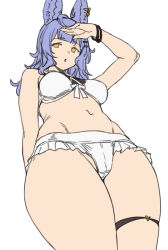 Rule 34 | 1girl, :o, animal ears, bikini, blue hair, blunt bangs, bracelet, breasts, character request, check copyright, copyright request, flat color, from below, granblue fantasy, houtengeki, jewelry, large breasts, medium hair, navel, open mouth, simple background, swimsuit, thigh strap, thighs, tikoh, tikoh (summer), white background, white bikini, yellow eyes