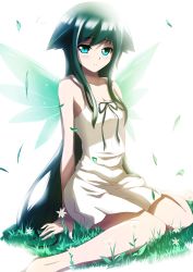 Rule 34 | 1girl, collarbone, dress, fairy wings, flower, grass, green eyes, green hair, green theme, hair flaps, highres, igorman, long hair, looking at viewer, matching hair/eyes, saya (saya no uta), saya no uta, sidelocks, sitting, smile, solo, sundress, very long hair, wariza, white background, white dress, wings