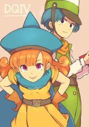 Rule 34 | 1boy, 1girl, 33333 33333, alena (dq4), aqua hair, belt, black eyes, clift, copyright name, dragon quest, dragon quest iv, earrings, gloves, hands on own hips, hat, jewelry, long hair, looking at viewer, orange hair, pink eyes, short hair, simple background, smile, with hat