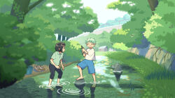 Rule 34 | 2boys, animal, barefoot, black pants, blue shorts, brown eyes, brown hair, bush, child, closed eyes, collared shirt, facing another, fish, grass, green hair, green shirt, grin, highres, holding, holding animal, holding fish, kojiro337, landscape, male focus, multiple boys, nature, open mouth, original, pants, plant, power lines, railing, reflection, reflective water, ripples, river, scenery, shirt, shoes, unworn shoes, shore, short hair, short sleeves, shorts, smile, t-shirt, teeth, tree, utility pole, wading, white shirt