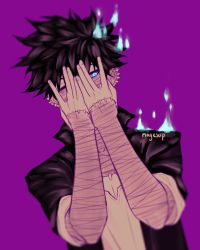 Rule 34 | 1boy, artist name, black hair, black jacket, blue eyes, blue fire, blurry, blurry foreground, boku no hero academia, burn scar, claireiosity, collarbone, covering face, dabi (boku no hero academia), ear piercing, earrings, eyebrows, fingernails, fire, hair between eyes, highres, jacket, jewelry, looking to the side, male focus, one eye closed, pale skin, piercing, purple background, scar, shirt, short hair, short sleeves, solo, solo focus, spiked hair, stitched face, stitches, tumblr username, watermark, white shirt