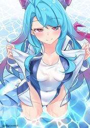 Rule 34 | 1girl, alternate costume, blue hair, breasts, competition swimsuit, dragalia lost, dragon horns, highleg, highleg swimsuit, highres, horns, large breasts, long hair, looking at viewer, mercury (dragalia lost), multicolored hair, one-piece swimsuit, pink hair, ragnaveldt, red eyes, swimsuit, two-tone hair, very long hair, water, white one-piece swimsuit