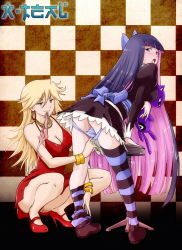 Rule 34 | 10s, ass, blush, breasts, cleavage, covered erect nipples, dress, goth fashion, highres, mouth hold, panties, panty &amp; stocking with garterbelt, panty (psg), panty pull, smile, stocking (psg), underwear, x-t3al