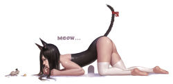 Rule 34 | 1girl, all fours, animal, animal ears, barefoot, brown eyes, brown hair, cat ears, cat tail, cheese, dongho kang, english text, finger to mouth, food, from side, full body, hat, image sample, long hair, looking at viewer, mini hat, mini top hat, mouse (animal), original, profile, realistic, red ribbon, ribbon, tail, tail ornament, tail ribbon, thighhighs, top hat, white background, white thighhighs
