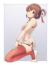 Rule 34 | 10s, 1girl, bare shoulders, blush, brown eyes, brown hair, china dress, chinese clothes, closed mouth, dress, etou kanami, floral print, from side, full body, hair ornament, hands on lap, high heels, highres, kneeling, looking at viewer, motsutoko, red thighhighs, short hair, solo, strapless, strapless dress, thighhighs, thighs, toji no miko, white dress, wristband