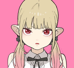 Rule 34 | 1girl, black ribbon, black scrunchie, blonde hair, blunt bangs, close-up, closed mouth, eyeshadow, hair ornament, hair scrunchie, hime-sama &quot;goumon&quot; no jikan desu, hirakei, lipstick, long hair, looking at viewer, low twintails, makeup, multicolored hair, official art, pink background, pink hair, pointy ears, portrait, red eyes, red eyeshadow, red lips, ribbon, scrunchie, shirt, simple background, sleeveless, sleeveless shirt, slit pupils, solo, twintails, two-tone hair, upper body, vanilla peschutz, white shirt
