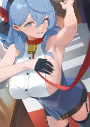 Rule 34 | ako (blue archive), arm up, armpits, bdsm, black gloves, black thighhighs, blue archive, blue eyes, blue hair, breasts, collar, garter straps, gloves, hair ornament, hairband, highres, hood (james x), large breasts, leash, long hair, looking at viewer, parted lips, red collar, sideboob, single glove, slave, smile, solo, thighhighs
