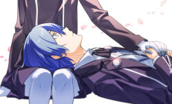 Rule 34 | 1boy, 1girl, absurdres, aegis (persona), android, black jacket, black ribbon, black skirt, blue hair, collared shirt, commentary, gekkoukan high school uniform, grey eyes, head out of frame, headphones, highres, holding hands, jacket, lap pillow, long sleeves, lying, neck ribbon, open clothes, open jacket, own hands together, persona, persona 3, petals, profile, ribbon, school uniform, shirt, short hair, simple background, sitting, skirt, tsubsa syaoin, white background, white shirt, yuuki makoto (persona 3)