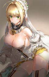 Rule 34 | 1girl, armpits, bare shoulders, belt, blush, bodysuit, boots, breasts, bridal veil, chain, cleavage, detached collar, detached sleeves, fate/grand order, fate (series), full-length zipper, gloves, green eyes, hair intakes, head wreath, kfr, large breasts, leotard, lock, looking at viewer, loose belt, lying, nero claudius (bride) (fate), nero claudius (fate), nero claudius (fate) (all), on side, padlock, smile, solo, strapless, strapless leotard, thigh boots, thighhighs, thighs, veil, white bodysuit, white gloves, white leotard, zipper, zipper pull tab
