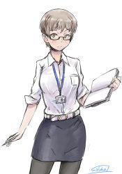 Rule 34 | 10s, 1girl, alternate costume, artist name, bad id, bad pixiv id, belt, bespectacled, black pantyhose, blush, brown eyes, brown hair, cowboy shot, dress shirt, freckles, girls und panzer, glasses, holding, looking at viewer, miniskirt, naomi (girls und panzer), notebook, office lady, pantyhose, pencil skirt, shirt, short hair, signature, simple background, skirt, sleeves rolled up, solo, solokov (okb-999), standing, very short hair, white background, white shirt
