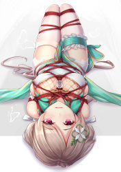 Rule 34 | 1girl, arms behind back, bare shoulders, bdsm, blush, bondage, bound, breasts, commentary request, garter straps, green kimono, hair between eyes, hair ornament, hair ribbon, highres, honkai (series), honkai impact 3rd, japanese clothes, kimono, knees up, light brown hair, long hair, looking at viewer, low twintails, lying, medium breasts, on back, open mouth, red eyes, red rope, restrained, ribbon, rita rossweisse, rope, simple background, solo, swept bangs, thighhighs, twintails, white background, white thighhighs, yiduan zhu