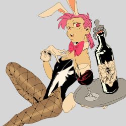 Rule 34 | 1boy, alcohol, alternate costume, animal ears, bare shoulders, black leotard, bow, bowtie, braid, crossdressing, cup, drink, drinking glass, fake animal ears, fake tail, freckles, gloves, highres, holding, holding drink, jojo no kimyou na bouken, leotard, looking at viewer, male focus, male playboy bunny, pink hair, rabbit ears, rabbit tail, sfwoofenss, strapless, strapless leotard, tail, trap, tray, vento aureo, vinegar doppio, wrist cuffs