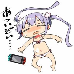 Rule 34 | 1girl, = =, bra, chibi, flower, hair flower, hair ornament, hot, kanikama, lowres, lying, new game!, nintendo switch, on back, panties, purple hair, solo, suzukaze aoba, sweat, translated, twintails, underwear, underwear only, white background