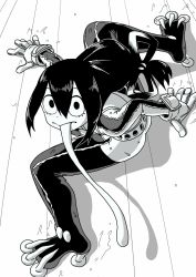 Rule 34 | 10s, 1girl, :&gt;, all fours, asui tsuyu, belt, bodysuit, boku no hero academia, eyelashes, flexible, frog girl, gloves, greyscale, hair between eyes, legs apart, long hair, long tongue, low-tied long hair, monochrome, o den, shadow, solo, split-toe footwear, tongue, tongue out, wide stance