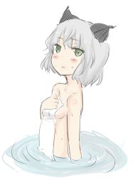 Rule 34 | 1girl, animal ears, bad id, bad pixiv id, blush, dust box, green eyes, naked towel, nude, partially submerged, sanya v. litvyak, short hair, silver hair, solo, strike witches, towel, water, wet, world witches series