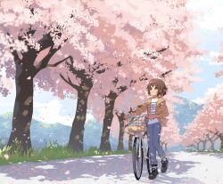 Rule 34 | 1girl, arisa (aren), bicycle, black footwear, blue pants, blush, boots, brown eyes, brown hair, brown jacket, cherry blossoms, closed mouth, dappled sunlight, day, denim, falling petals, grass, hair bun, highres, jacket, jeans, long sleeves, looking up, open clothes, open jacket, original, outdoors, pants, pants rolled up, petals, road, scenery, shadow, shirt, short hair, signature, sleeves pushed up, smile, solo, striped clothes, striped shirt, sunlight, walking, walking bike, white shirt, wide shot