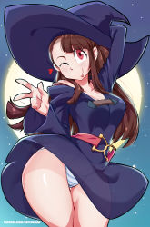 Rule 34 | 1girl, :p, bayeuxman, blue dress, breasts, brown hair, cleavage, closed mouth, collarbone, cowboy shot, dress, full moon, hat, heart, highres, kagari atsuko, large breasts, little witch academia, long hair, long sleeves, looking at viewer, moon, night, night sky, off shoulder, one eye closed, panties, red eyes, school uniform, see-through, shiny skin, sky, smile, solo, standing, star (sky), starry sky, striped clothes, striped panties, tongue, tongue out, underwear, v, wink, witch hat