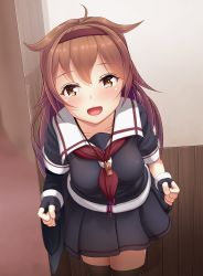 Rule 34 | 1girl, absurdres, black gloves, black serafuku, blush, breasts, brown eyes, commentary request, cowboy shot, fingerless gloves, gloves, hair flaps, hairband, highres, kantai collection, long hair, looking at viewer, medium breasts, neckerchief, open mouth, red hairband, red neckerchief, rumachi, school uniform, serafuku, shiratsuyu (kancolle), smile, solo, standing, whistle, whistle around neck