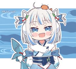Rule 34 | 1girl, ahoge, blue eyes, blue hair, chibi, fins, fish tail, gawr gura, gawr gura (new year), hair ornament, hololive, hololive english, japanese clothes, kimono, kukie-nyan, looking at viewer, multicolored hair, open mouth, scarf, shark tail, sharp teeth, solo, streaked hair, tail, teeth, twintails, virtual youtuber