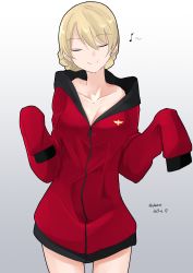 Rule 34 | 10s, 1girl, 2017, absurdres, blonde hair, blue eyes, braid, breasts, casual, cleavage, closed eyes, closed mouth, collarbone, cowboy shot, darjeeling (girls und panzer), dated, girls und panzer, gradient background, grey background, highres, irukatto, jacket, light smile, long sleeves, medium breasts, musical note, no pants, oversized clothes, parka, quaver, red jacket, short hair, sleeves past wrists, solo, standing, twin braids, twitter username