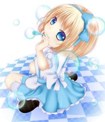 Rule 34 | 1girl, alice margatroid, alice margatroid (pc-98), blonde hair, blue eyes, bubble, blowing bubbles, checkered floor, female focus, floor, hair ribbon, highres, mary janes, ribbon, shoes, short hair, shounen (hogehoge), sitting, skirt, smile, solo, touhou, wariza