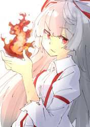 Rule 34 | 1girl, absurdres, collared shirt, commentary request, fire, fujiwara no mokou, hand up, highres, juliet sleeves, kyoroniki, long hair, long sleeves, parted lips, puffy sleeves, red eyes, shirt, simple background, sketch, sleeves past elbows, solo, torn clothes, touhou, white background, white hair, white shirt
