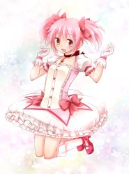 Rule 34 | 10s, 1girl, :d, bad id, bad pixiv id, blush, bow, bubble skirt, choker, collarbone, dress, gloves, hair bow, hotbuggy, kaname madoka, legs up, magical girl, mahou shoujo madoka magica, mahou shoujo madoka magica (anime), open mouth, pink eyes, pink hair, ribbon choker, skirt, smile, solo, twintails