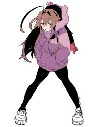 Rule 34 | 1girl, ahoge, animal hood, bear hood, black pantyhose, brown eyes, brown hair, commentary request, full body, hands in pockets, highres, hood, hooded sweater, huge ahoge, kantai collection, kuma (kancolle), long hair, official alternate costume, pantyhose, pink sweater, simple background, sirakane (tigo5115), solo, sweater, white background, white footwear