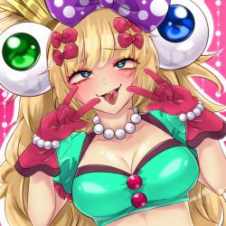 Rule 34 | 1girl, 2018, \m/, ahegao, blonde hair, blue eyes, blush, border, bow, bracelet, breasts, cleavage, crown, gloves, green eyes, highres, jewelry, long hair, looking up, midriff, mini crown, namakotaic, necklace, pearl bracelet, pearl necklace, pink background, pink bow, polka dot, polka dot bow, purple bow, red gloves, shiny skin, snk, solo, sylvie paula paula, the king of fighters, the king of fighters xiv, tongue, tongue out, upper body, white border