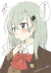 Rule 34 | 1girl, aqua hair, blazer, blush, breasts, brown jacket, closed mouth, commentary request, hair between eyes, hair ornament, hairclip, highres, jacket, kantai collection, long hair, long sleeves, purple eyes, red neckwear, simple background, solo, suzuya (kancolle), thought bubble, translation request, twitter username, umino mokuzu (shizumisou), upper body, white background