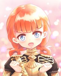 Rule 34 | 1girl, annette fantine dominic, asairosora, black jacket, blue eyes, blush, clenched hands, female focus, fire emblem, fire emblem: three houses, gold, hair rings, hands up, happy, head tilt, jacket, long sleeves, looking at viewer, medium hair, open mouth, orange hair, pink background, smile, solo, straight-on, upper body, wide-eyed