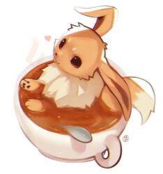 Rule 34 | animal focus, brown eyes, coffee, creatures (company), cup, eevee, eyebrows, foxlett, game freak, gen 1 pokemon, heart, mug, nintendo, no humans, pawpads, pokemon, pokemon (creature), simple background, smile, tongue, tongue out, white background