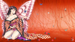 Rule 34 | 1girl, animal, bare shoulders, braid, breasts, bug, butterfly, butterfly wings, cleavage, happoubi jin, highres, huge breasts, insect, insect wings, japanese clothes, kimono, long hair, multicolored hair, original, panties, purple panties, side braid, string, string of fate, thread, underwear, wallpaper, wings