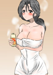 Rule 34 | 1girl, absurdres, bare shoulders, blush, bottle, breast hold, breasts, brown background, cleavage, commentary request, freckles, girls und panzer, gradient background, grey eyes, grey hair, hair tie, half-closed eyes, highres, holding, holding bottle, large breasts, long hair, moesenyukikaze, naked towel, one-hour drawing challenge, parted lips, piyotan (girls und panzer), ponytail, solo, standing, steam, towel, white towel