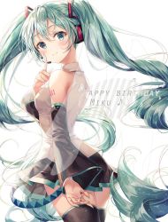 Rule 34 | 1girl, aqua hair, bare shoulders, black skirt, black thighhighs, blue eyes, blue nails, blush, breasts, collared shirt, commentary, cowboy shot, detached sleeves, hair ornament, hand up, happy birthday, hatsune miku, headphones, index finger raised, long hair, long sleeves, looking at viewer, medium breasts, miniskirt, musical note, nail polish, pleated skirt, r o ha, shirt, skirt, smile, solo, standing, thighhighs, twintails, very long hair, vocaloid, white shirt, zettai ryouiki