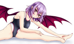 Rule 34 | 1girl, aged up, alternate breast size, bad anatomy, bad id, bad pixiv id, bare arms, bare legs, bare shoulders, barefoot, bat wings, black one-piece swimsuit, breasts, cameltoe, closed mouth, collarbone, competition swimsuit, gradient hair, hair between eyes, hands on feet, head tilt, highres, large breasts, looking at viewer, multicolored hair, nail polish, one-piece swimsuit, outstretched arm, plantar flexion, pointy ears, purple hair, red eyes, red nails, remilia scarlet, shadow, short hair, simple background, smile, solo, split, spread legs, spread wings, stretching, swimsuit, touhou, white background, wings, zellam