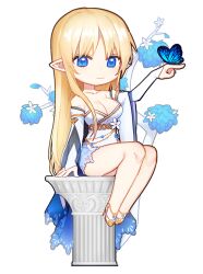 Rule 34 | bare legs, blonde hair, blue butterfly, blue eyes, breasts, bug, butterfly, butterfly on hand, chibi, cleavage, closed mouth, column, commission, gg dal, insect, long hair, looking at viewer, medium breasts, original, pillar, pointy ears, simple background, smile, white background