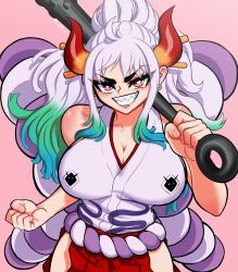 Rule 34 | 1girl, absurdres, breasts, bright pupils, cleavage, club (weapon), highres, horns, japanese clothes, large breasts, looking at viewer, lord guyis, multicolored hair, one piece, red eyes, sharp teeth, smile, solo, teeth, weapon, white pupils, yamato (one piece)