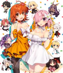 Rule 34 | 2boys, 6+girls, :&gt;, :d, :o, ^ ^, ahoge, alcohol, alternate costume, apron, artoria pendragon (all), artoria pendragon (fate), asymmetrical bangs, bare legs, bare shoulders, black-framed eyewear, black dress, black flower, black hair, black pantyhose, blonde hair, blue eyes, blush, braid, breasts, champagne, champagne flute, chibi, choker, cleavage, closed eyes, collar, collarbone, confetti, cup, dark-skinned female, dark skin, dress, drink, drinking glass, earrings, egyptian clothes, fate/grand order, fate (series), flower, forehead, formal, frankenstein&#039;s monster (fate), frankenstein&#039;s monster (formal dress) (fate), frilled apron, frills, fujimaru ritsuka (female), fujimaru ritsuka (female) (starlight fest), fujimaru ritsuka (male), fujimaru ritsuka (male) (starlight fest), glasses, gloves, grey hair, hair between eyes, hair flower, hair ornament, half-closed eyes, hand up, hands up, happy, holding, holding cup, holding drinking glass, holding tray, holding umbrella, horns, ishtar (fate), ishtar (formal dress) (fate), japanese clothes, jeanne d&#039;arc (fate), jeanne d&#039;arc (formal dress) (fate), jeanne d&#039;arc (ruler) (fate), jewelry, karna (fate), karna (formal dress) (fate), kimono, large breasts, legs, lily (flower), long hair, looking at viewer, maid, marie antoinette (fate), marie antoinette (formal dress) (fate), mash kyrielight, mash kyrielight (formal dress), medjed (fate), multiple boys, multiple girls, neck, neck ribbon, nitocris (fate), nitocris (formal dress) (fate), obi, off-shoulder dress, off shoulder, official alternate costume, open mouth, orange choker, orange dress, orange eyes, orange gloves, orange hair, pantyhose, parted bangs, pink hair, ponytail, purple eyes, purple hair, red kimono, ribbon, saber (fate), saber (formal dress) (fate), sakura yuki (clochette), sanpaku, sash, short hair, side ponytail, sidelocks, single braid, single horn, smile, standing, strapless, strapless dress, teeth, thighs, tiara, tohsaka rin, tray, twintails, two side up, type-moon, umbrella, wavy hair, white dress, white flower, white gloves, white ribbon, wu zetian (fate), wu zetian (formal dress) (fate)