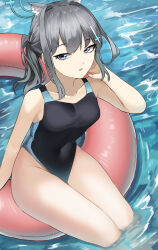 Rule 34 | 1girl, animal ear fluff, animal ears, black one-piece swimsuit, blue archive, blue eyes, breasts, competition swimsuit, covered navel, cross hair ornament, extra ears, feet out of frame, grey hair, hair ornament, halo, highres, innertube, low ponytail, medium breasts, medium hair, mismatched pupils, multicolored clothes, multicolored swimsuit, official alternate costume, one-piece swimsuit, outerv, shiroko (blue archive), shiroko (swimsuit) (blue archive), soaking feet, solo, swim ring, swimsuit, water, wolf ears