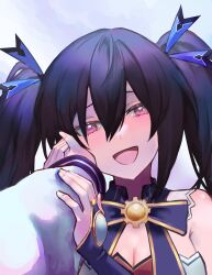 Rule 34 | 1girl, absurdres, black bridal gauntlets, black hair, blue ribbon, blush, breasts, bridal gauntlets, cleavage, commentary request, disembodied hand, hair between eyes, hand on another&#039;s cheek, hand on another&#039;s face, happy, highres, long hair, looking at viewer, medium breasts, mixed-language commentary, multiple girls, neptune (neptunia), neptune (series), noel (pixiv5459099), noire (neptunia), open mouth, pov, purple nails, red eyes, ribbon, simple background, smile, twintails, yuri